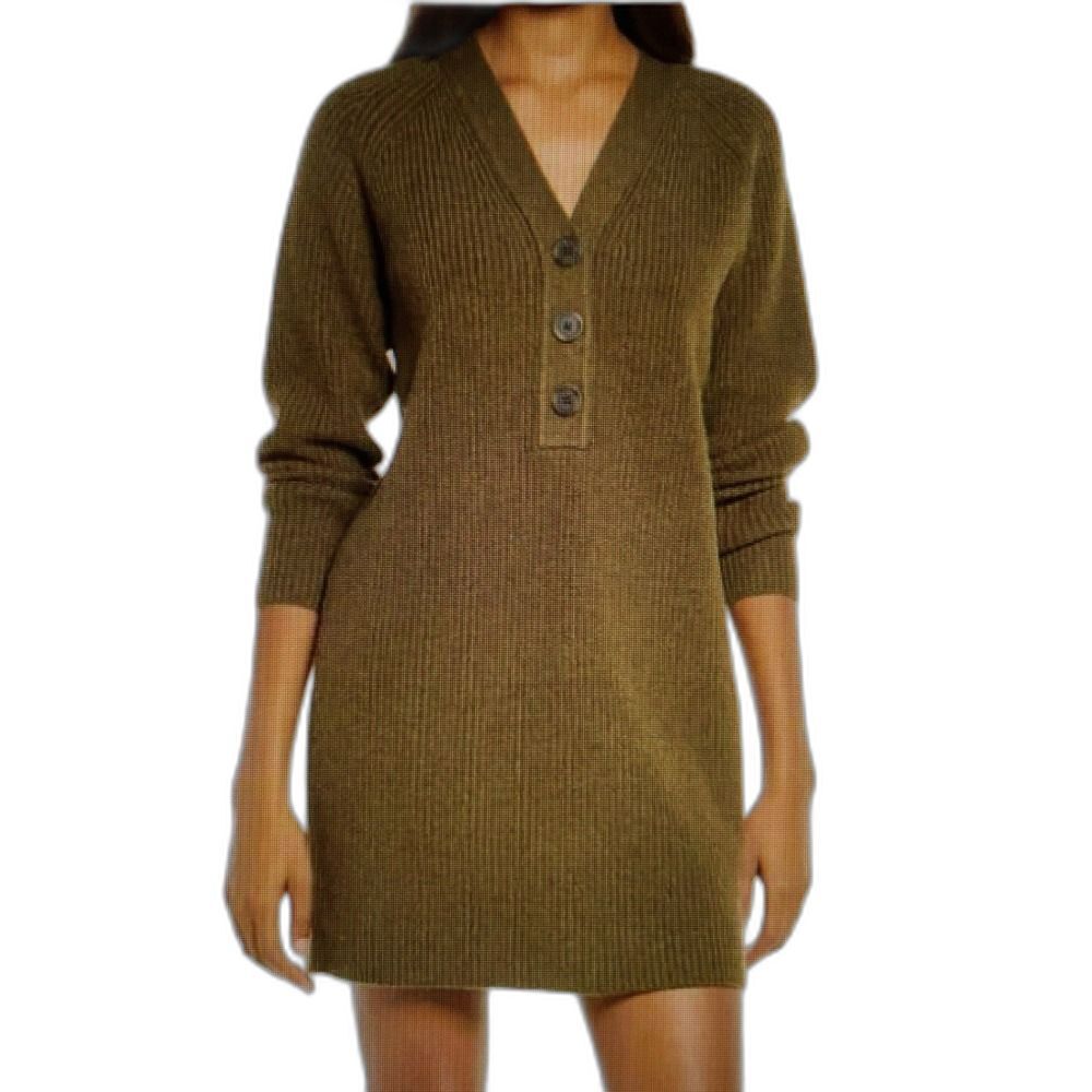 Wool Blend Madewell Sweater Dress W/ S Olive Green Ribbed Henley Knit used